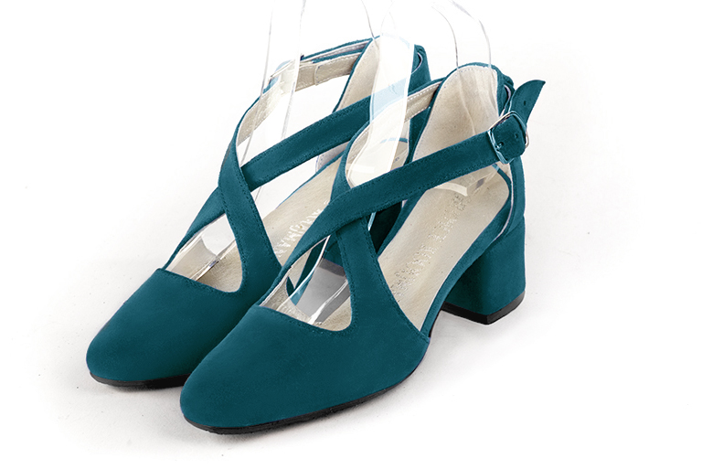 Women's peacock blue elegant closed-back heels, with crossed straps. .  - Front view